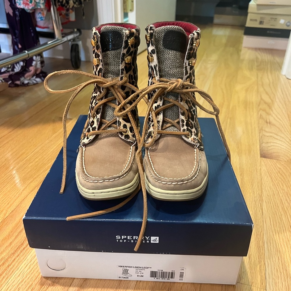 Sperry Tan and Leopard Boots